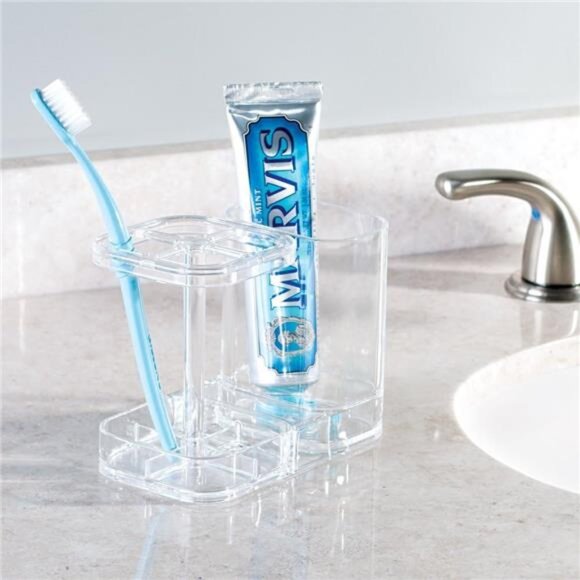 Divided Toothbrush Holder Bathroom Countertop Organizer BPA Free Plastic Clear - Picture 5 of 6